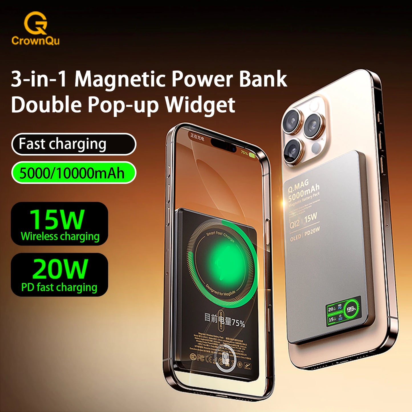 Qi 2.1 Magnetic Power Bank 5000mAh 10000mAh Wireless Fast Charging For iPhone 12 To 17 Pro Watch AirPods 3 In 1 Battery