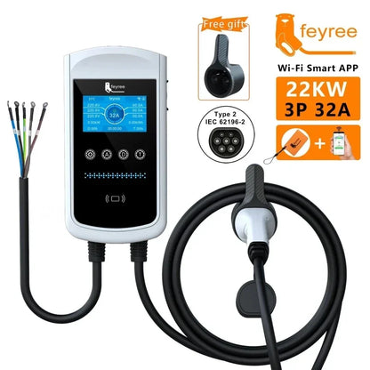 Feyree Type 2 EV Charger 32A 7.6kW Smart Wallbox With 4.3 Inch Screen App Control IP65 3 Phase