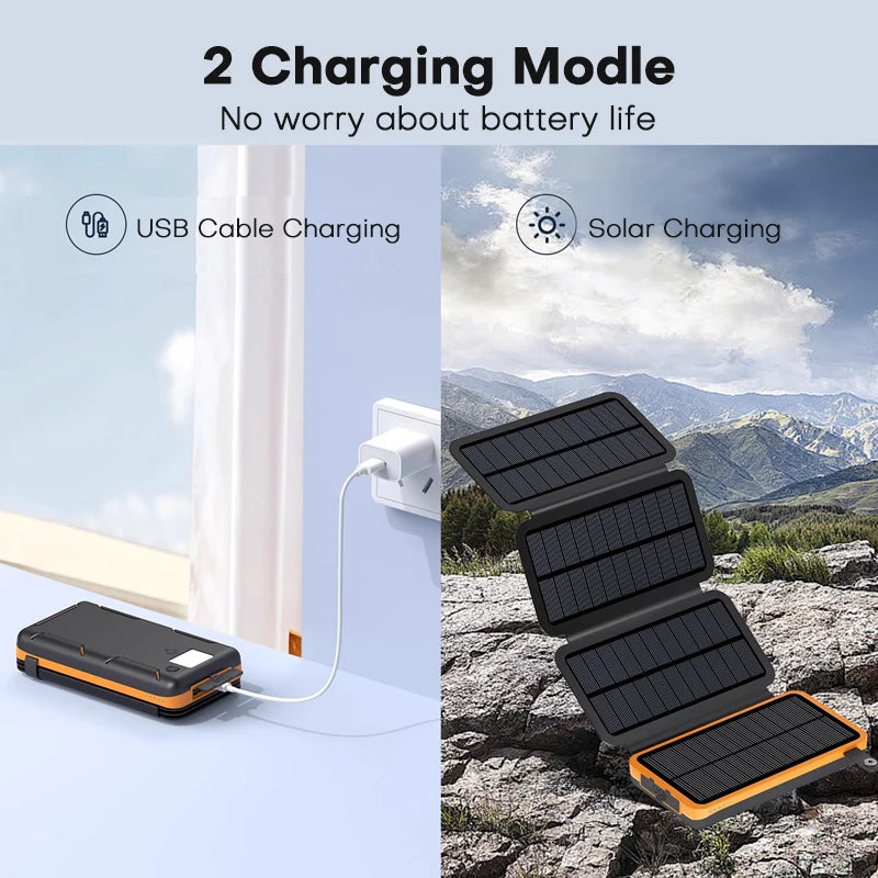 TUODES 20000mAh Solar Power Bank 4 Solar Panels Waterproof Battery Portable Charger for iPhone Xiaomi Samsung Huawei