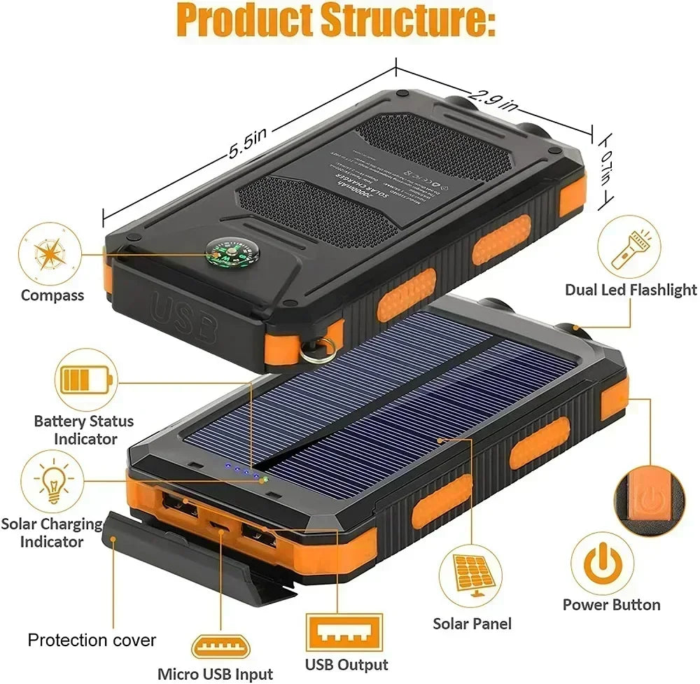Solar Power Bank Waterproof Large Capacity External Battery Fast Charging With SOS For IPhone Samsung Xiaomi