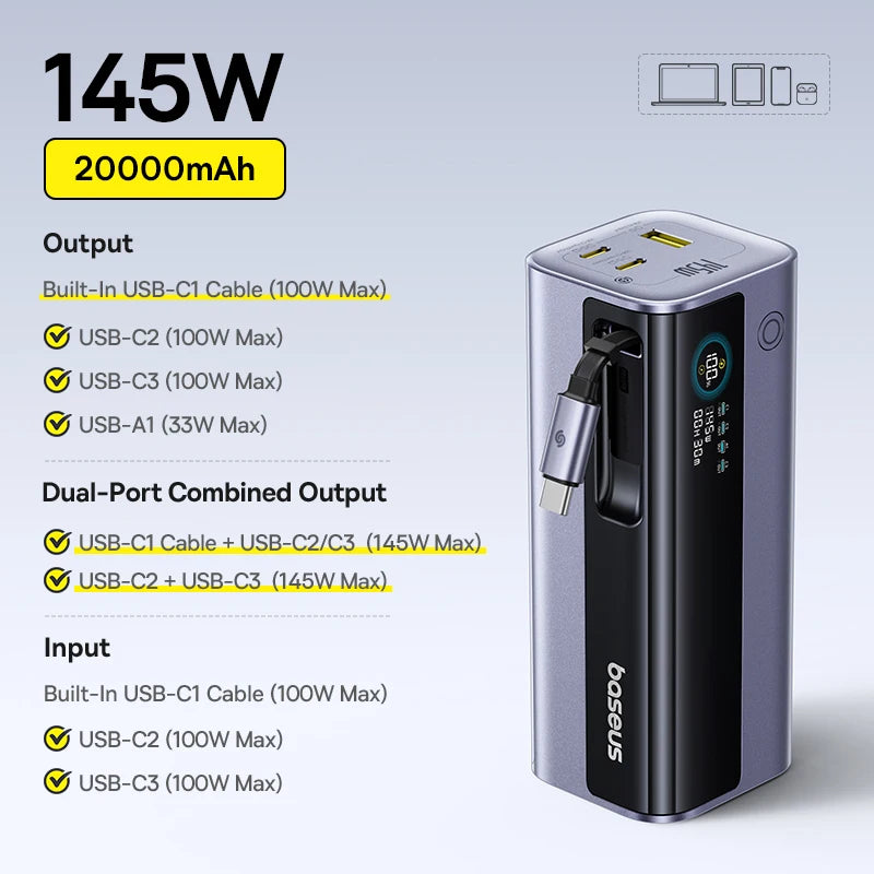 Baseus 145W Power Bank 20800mAh Dual USB A USB C PD 100W Fast Charging Digital Display Portable Charger For Laptop