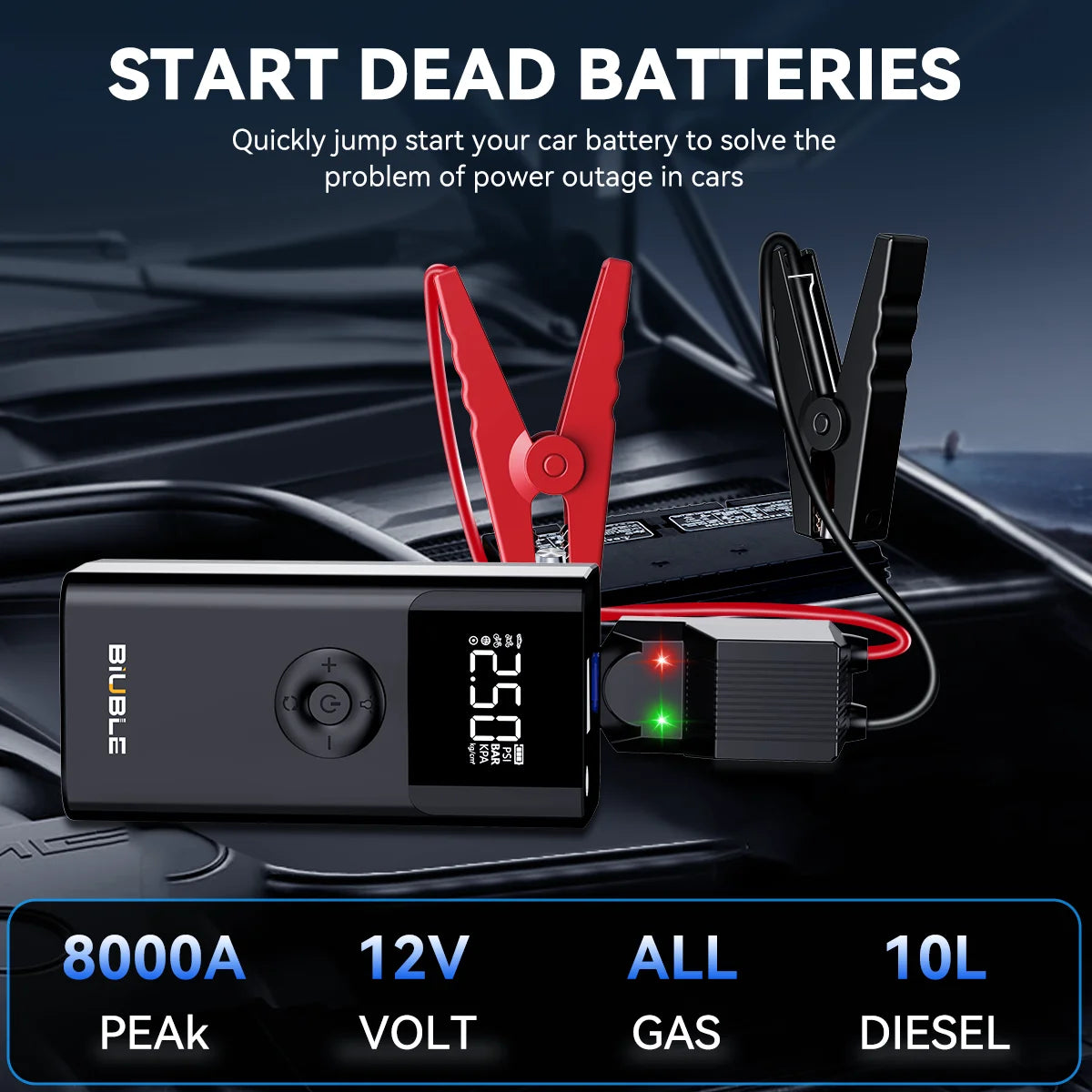 8000A Booster Battery 26800mAh Jump Starter (up to All Petrol, Diesel Engine 10.0L), with USB Charging Port, LED Light