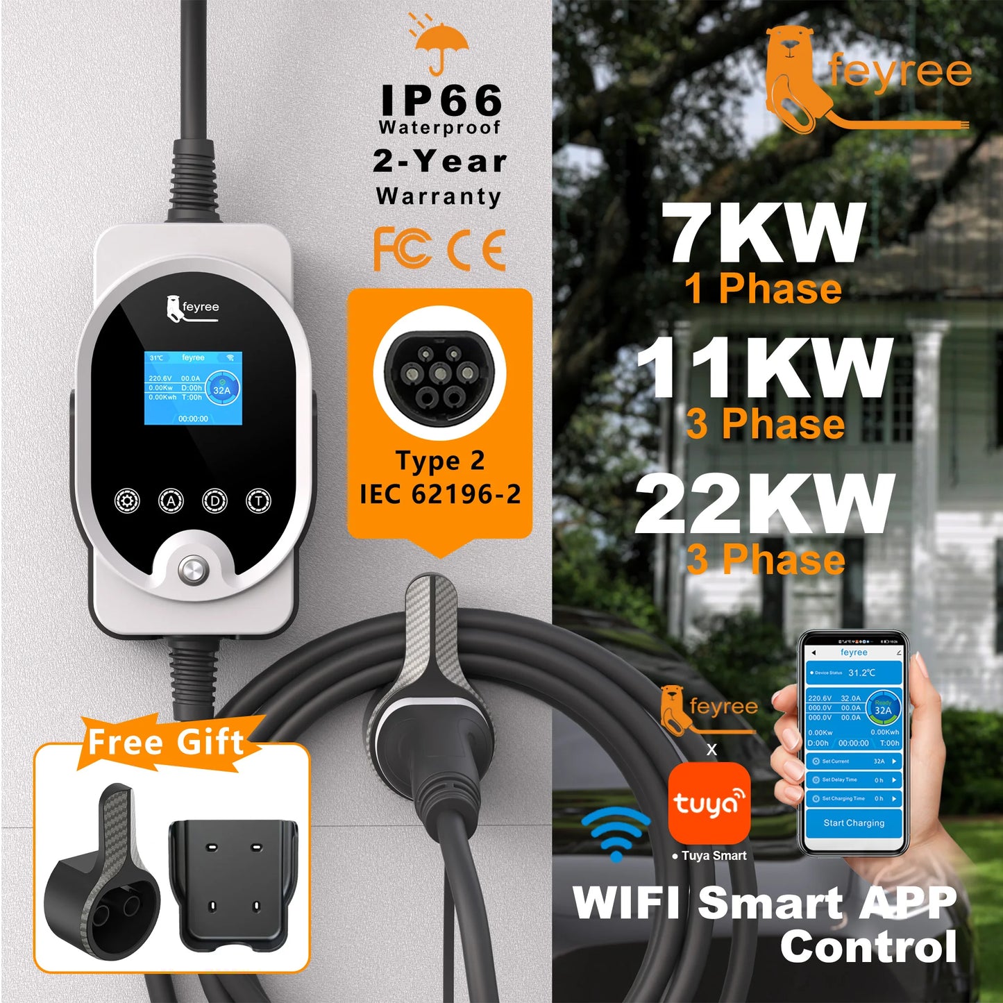 Feyree Type 2 EV Charger Wallbox 32A 1P And 3P With Smart App WiFi Control IP66 5m Cable Wall Mounted