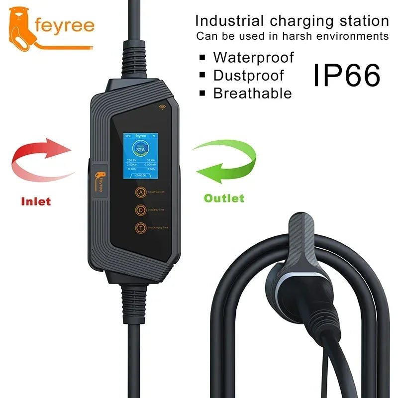 Feyree Type 2 EV Charger 32A 7kW Portable with Smart App WiFi Control 5m Cable IP66 Holder Included