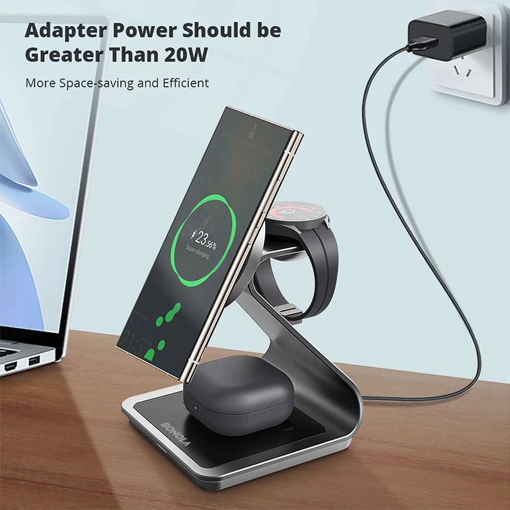 Bonola Magnetic 3 In 1 Wireless Charger Station For Samsung Galaxy S24 Ultra S25 25W Fast Charging Stand Watch Earbuds