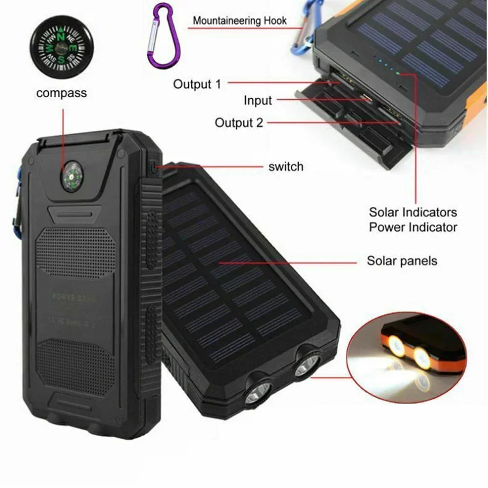 Solar Power Bank 200000mAh Portable LED Light Outdoor Waterproof External USB Charger for iPhone Samsung Xiaomi