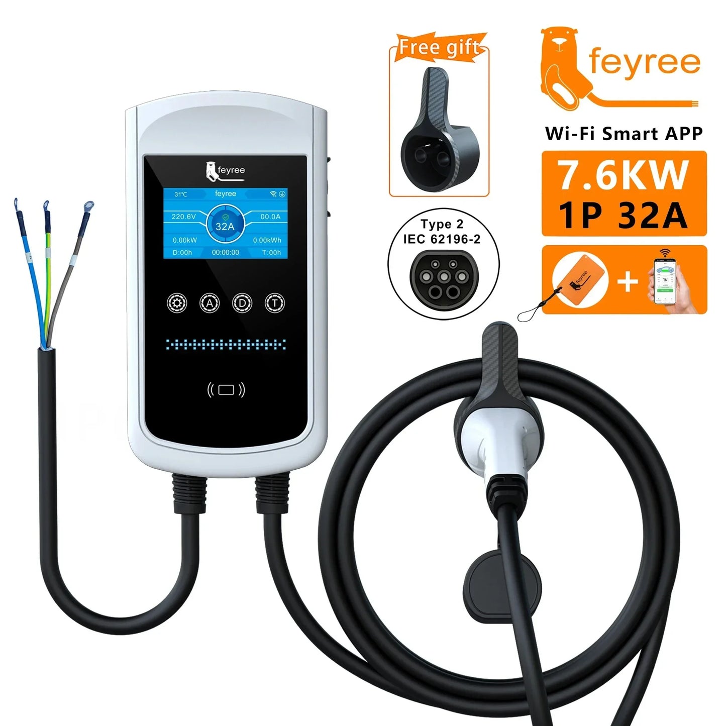 Feyree Type 2 EV Charger 32A 7.6kW Smart Wallbox With 4.3 Inch Screen App Control IP65 3 Phase