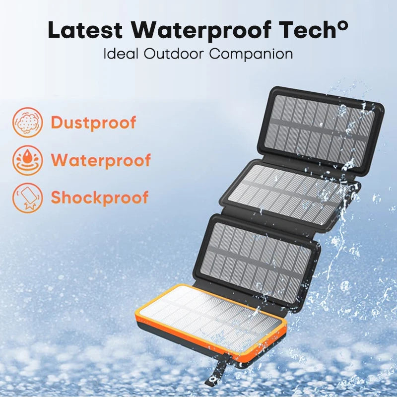 TUODES 20000mAh Solar Power Bank 4 Solar Panels Waterproof Battery Portable Charger for iPhone Xiaomi Samsung Huawei