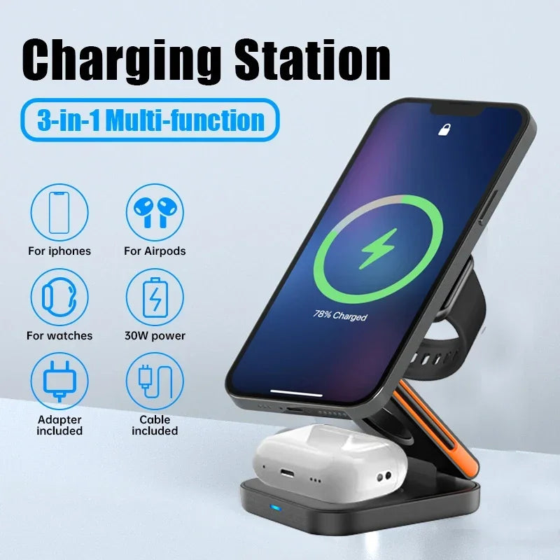 30W 3 In 1 Foldable Magnetic Wireless Fast Charging Station For iPhone 15 14 13 12 Apple Watch 8 7 6 AirPods Pro