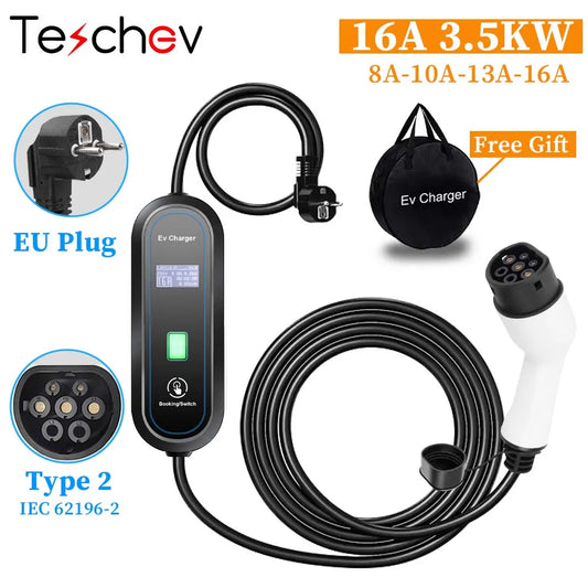 Teschev Portable Type 2 EV Charger IEC 62196 3.5 KW 16 A 1 Phase EVSE Wallbox Charging Station