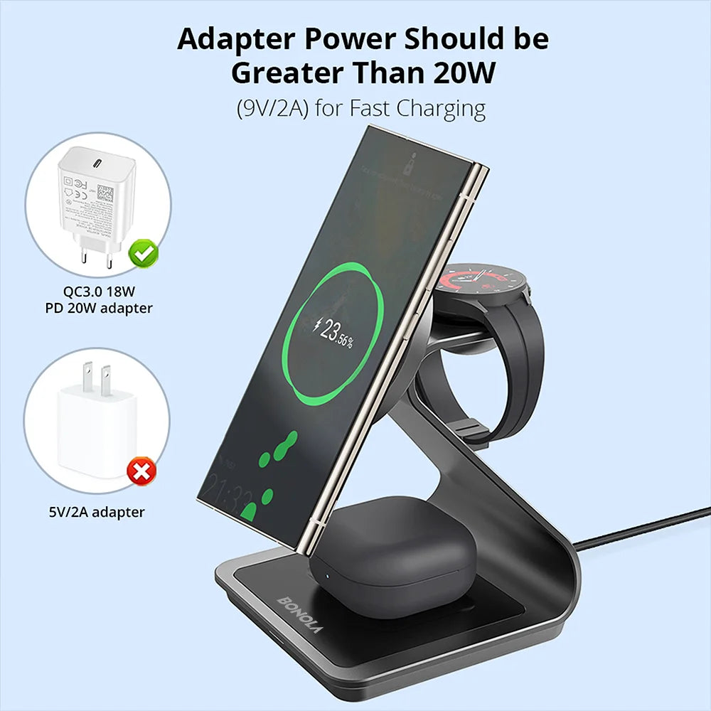 Bonola Magnetic 3 In 1 Wireless Charger Station For Samsung Galaxy S24 Ultra S25 25W Fast Charging Stand Watch Earbuds