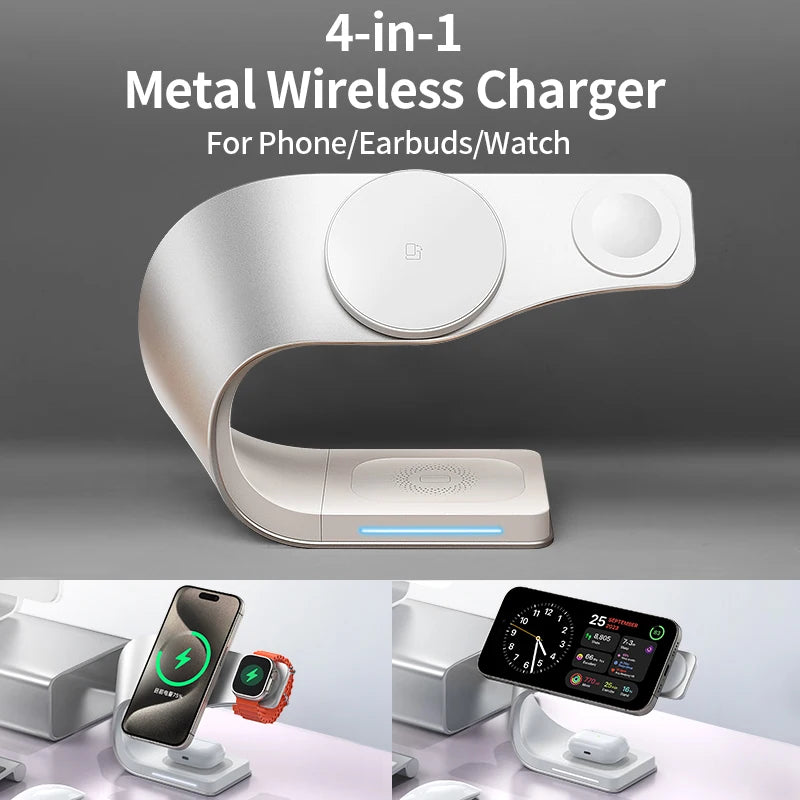 4 in 1 Magnetic Wireless Charger Station 15W Fast Charging Metal Shell for iPhone 12 to 17 AirPods and Apple Watch