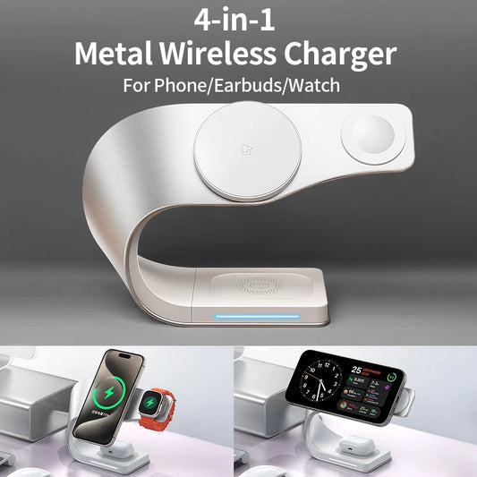 4 in 1 Magnetic Wireless Charger Station 15W Fast Charging Metal Shell for iPhone 12 to 17 AirPods and Apple Watch