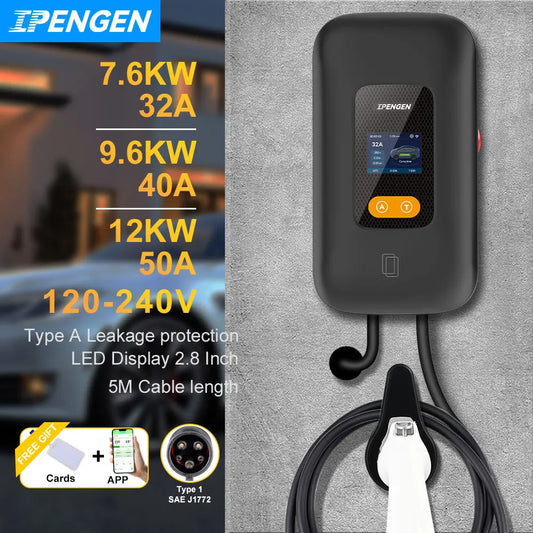 IPENGEN Type1 EV Charger Station 32A 40A 50A EVSE Wallbox With App Control 7.6kW 9.6kW 12kW IP55 ABS 5m Cable