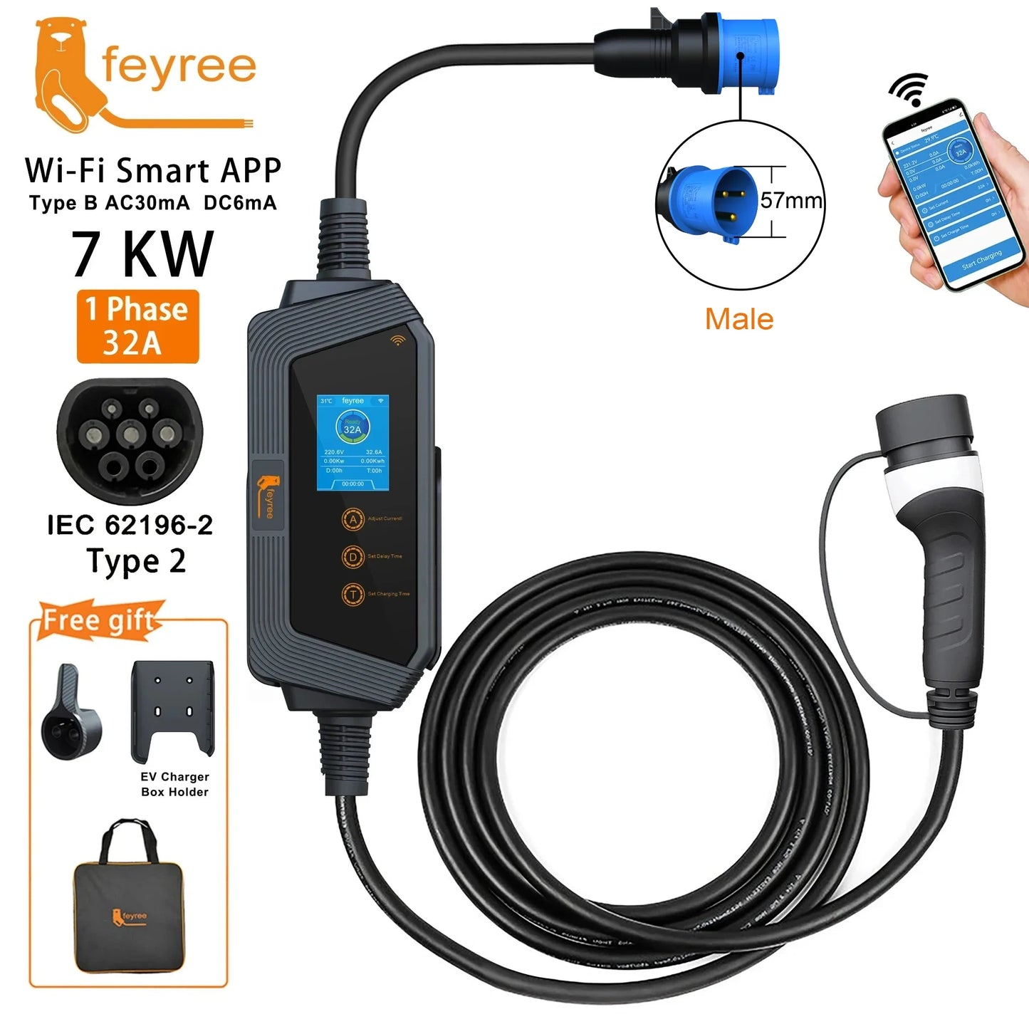 Feyree Type 2 EV Charger 32A 7kW Portable with Smart App WiFi Control 5m Cable IP66 Holder Included