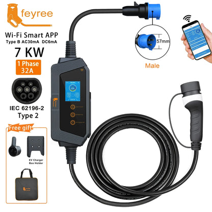 Feyree Type 2 EV Charger 32A 7kW Portable with Smart App WiFi Control 5m Cable IP66 Holder Included