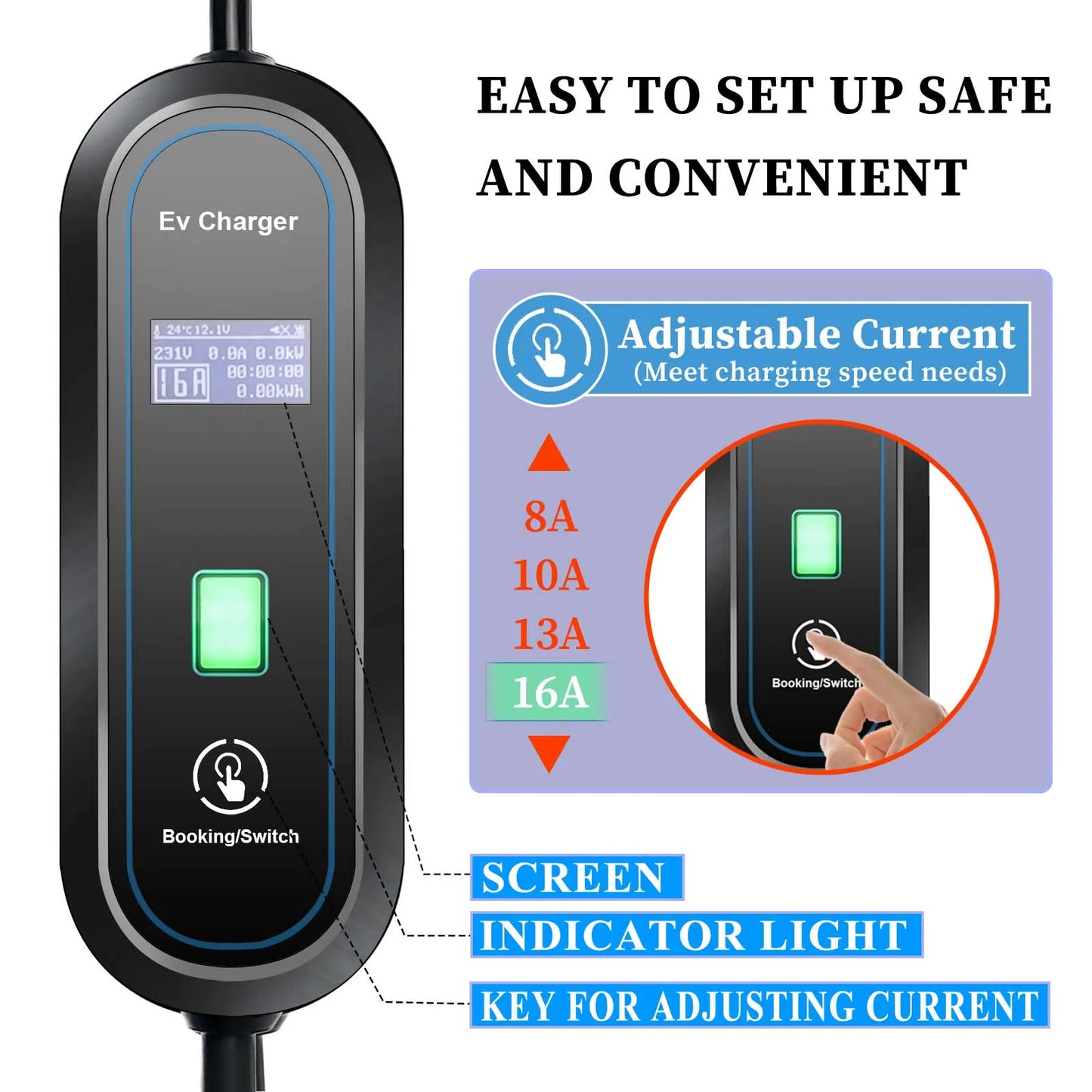 Teschev Portable Type 2 EV Charger IEC 62196 3.5 KW 16 A 1 Phase EVSE Wallbox Charging Station