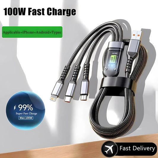 100W Fast Charging Nylon Braided 3 In 1 USB A USB C Micro USB Cable For Universal Devices