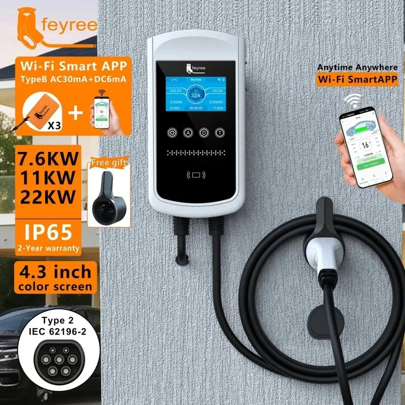 Feyree Type 2 EV Charger 32A 7.6kW Smart Wallbox With 4.3 Inch Screen App Control IP65 3 Phase