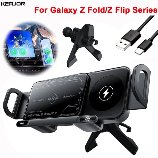 Car Wireless Charger Dual Coil Fold Screen Fast Charging For Samsung Galaxy Z Fold 5 6 And Flip 3 4 With Air Vent Holder