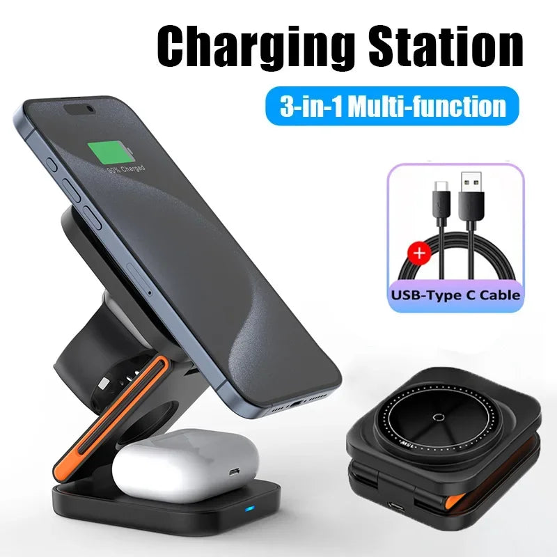 30W 3 In 1 Foldable Magnetic Wireless Fast Charging Station For iPhone 15 14 13 12 Apple Watch 8 7 6 AirPods Pro