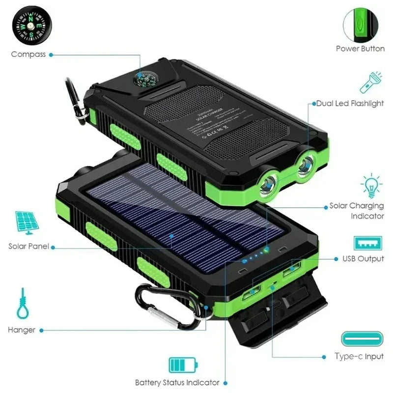 VIVO 200000mAh Waterproof Outdoor Solar Power Bank With Dual USB Charger For Camping And Travel