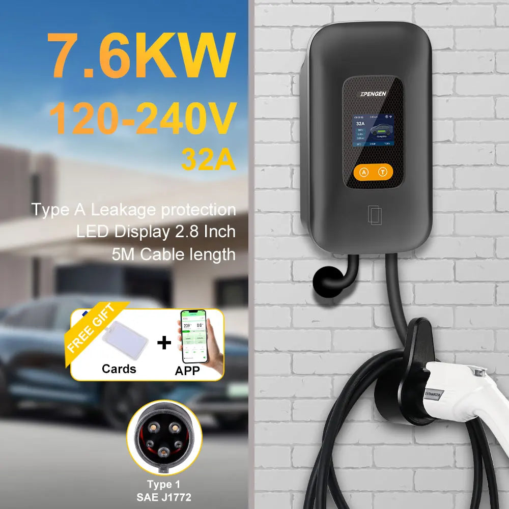 IPENGEN Type1 EV Charger Station 32A 40A 50A EVSE Wallbox With App Control 7.6kW 9.6kW 12kW IP55 ABS 5m Cable