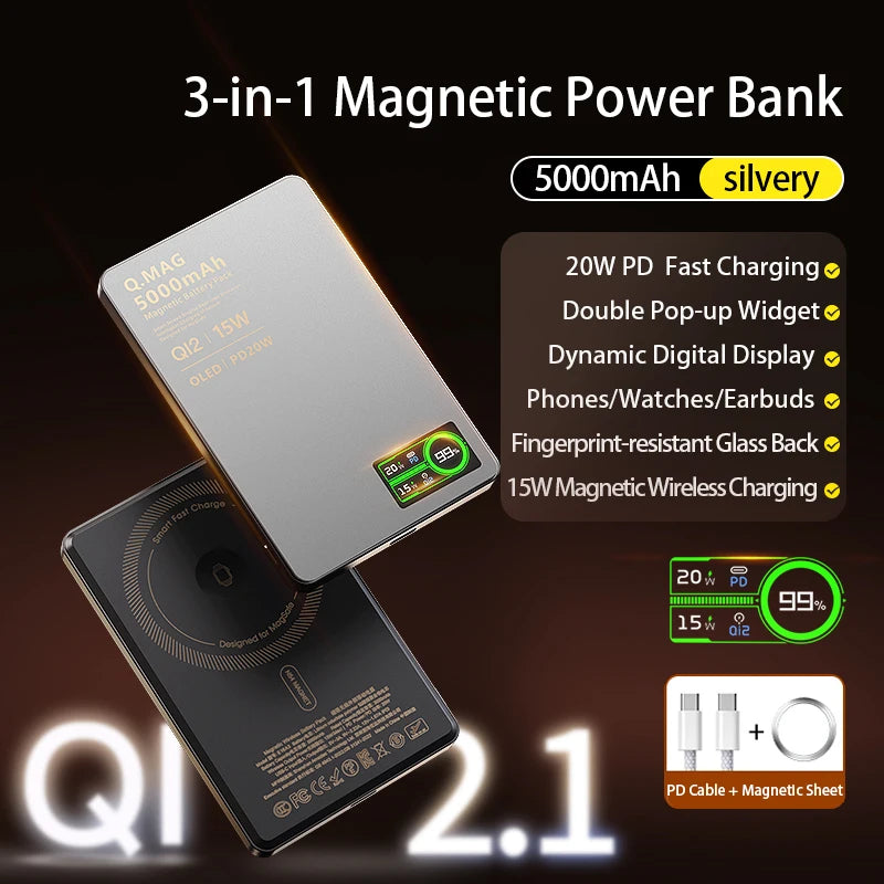 Qi 2.1 Magnetic Power Bank 5000mAh 10000mAh Wireless Fast Charging For iPhone 12 To 17 Pro Watch AirPods 3 In 1 Battery