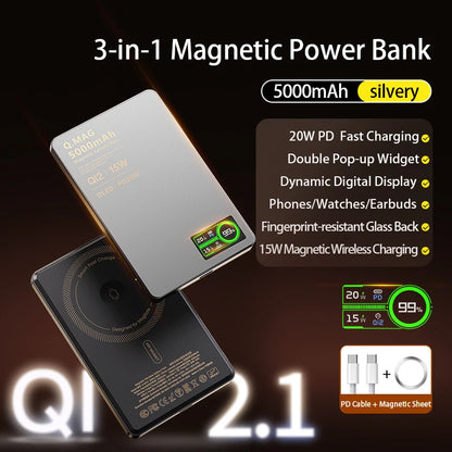 Qi 2.1 Magnetic Power Bank 5000mAh 10000mAh Wireless Fast Charging For iPhone 12 To 17 Pro Watch AirPods 3 In 1 Battery