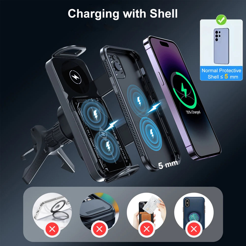 Car Wireless Charger Dual Coil Fold Screen Fast Charging For Samsung Galaxy Z Fold 5 6 And Flip 3 4 With Air Vent Holder