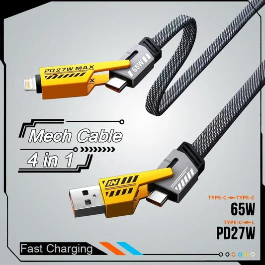 4 In 1 Mecha Fast Charging USB Type C Data Cable Cord 27W PD Quick Charge For iPhone 15 Samsung Xiaomi iPad Multi Port