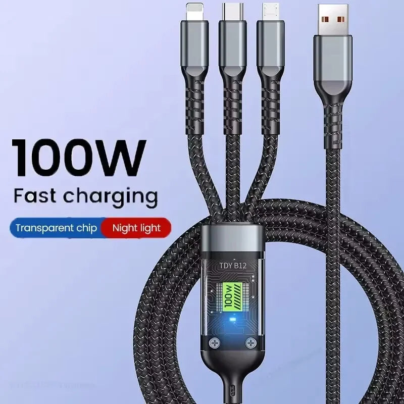 3 In 1 100W Fast Charging Cable with Transparent Pilot Lamp - Type C, Micro USB, Lightning for iPhone, Samsung, Huawei, Xiaomi