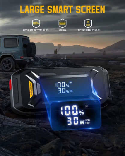 ACMOUNT 5000A jump starter connected to large truck battery | ACMOUNT portable battery charger with digital screen and USB ports | jump starter power bank charging smartphone via USB-C cable | emergency LED flashlight feature on ACMOUNT jump starter at night | spark-proof clamps connected to 12V car battery | ACMOUNT jump starter stored in glove box or car trunk | ACMOUNT power bank charging multiple devices during camping trip | safe and easy-to-use 12V jump starter for beginners | weather-resistant ACMOUN