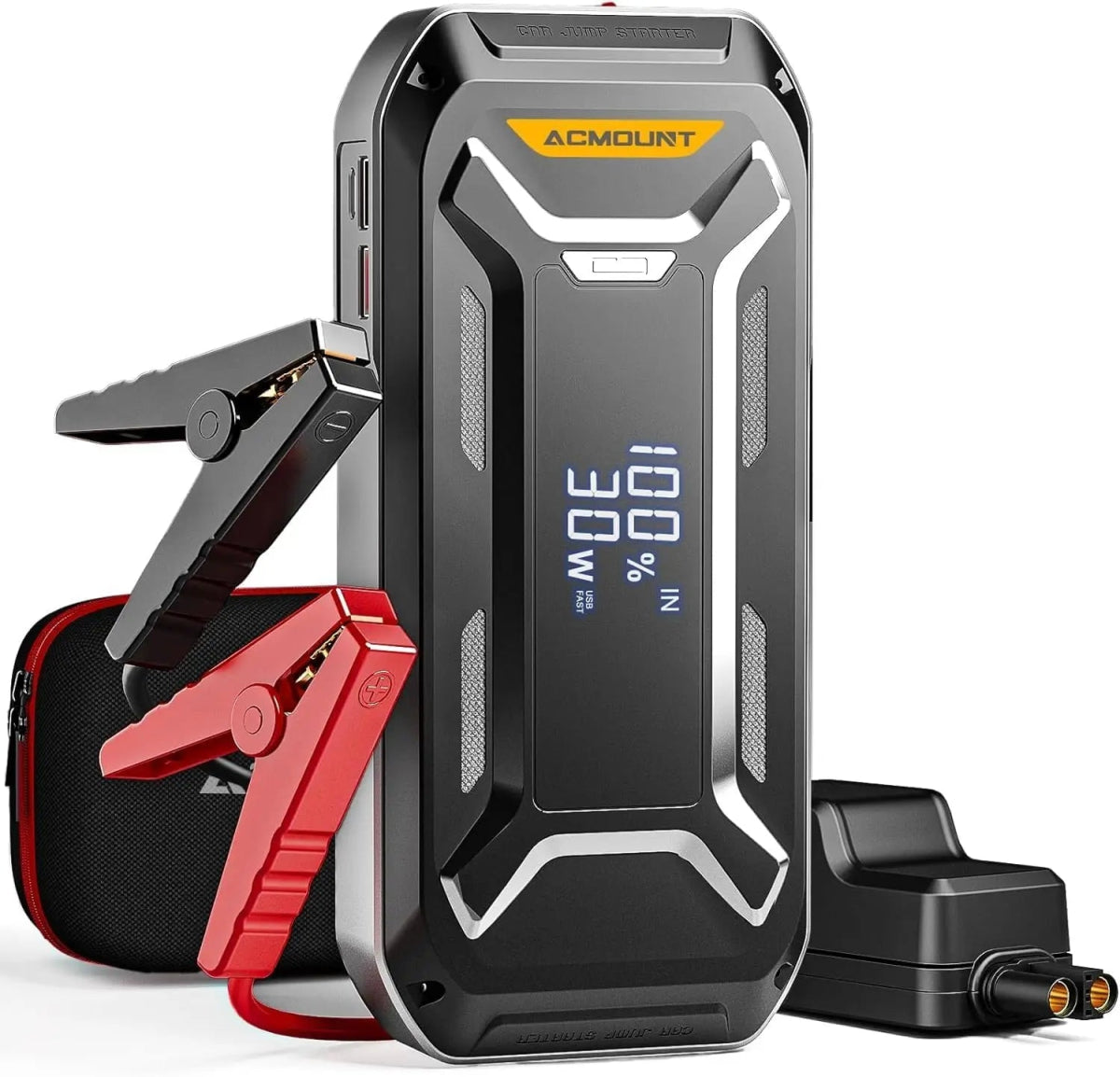 ACMOUNT 5000A jump starter connected to large truck battery | ACMOUNT portable battery charger with digital screen and USB ports | jump starter power bank charging smartphone via USB-C cable | emergency LED flashlight feature on ACMOUNT jump starter at night | spark-proof clamps connected to 12V car battery | ACMOUNT jump starter stored in glove box or car trunk | ACMOUNT power bank charging multiple devices during camping trip | safe and easy-to-use 12V jump starter for beginners | weather-resistant ACMOUN