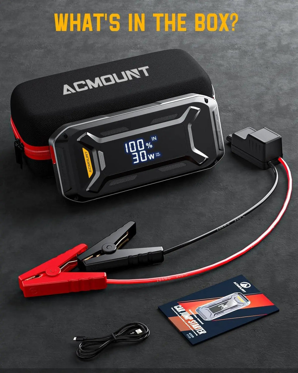 ACMOUNT 5000A jump starter connected to large truck battery | ACMOUNT portable battery charger with digital screen and USB ports | jump starter power bank charging smartphone via USB-C cable | emergency LED flashlight feature on ACMOUNT jump starter at night | spark-proof clamps connected to 12V car battery | ACMOUNT jump starter stored in glove box or car trunk | ACMOUNT power bank charging multiple devices during camping trip | safe and easy-to-use 12V jump starter for beginners | weather-resistant ACMOUN