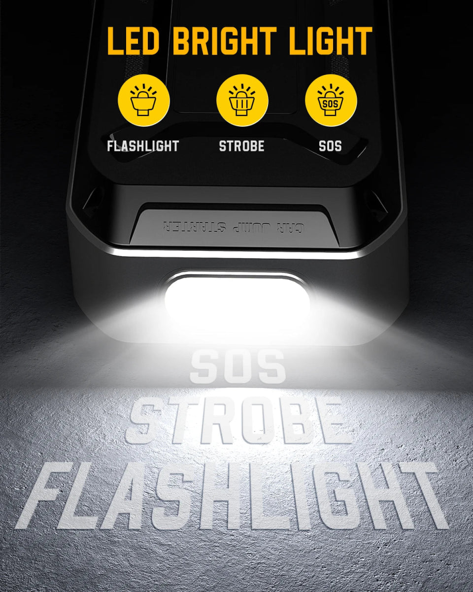 ACMOUNT 5000A jump starter connected to large truck battery | ACMOUNT portable battery charger with digital screen and USB ports | jump starter power bank charging smartphone via USB-C cable | emergency LED flashlight feature on ACMOUNT jump starter at night | spark-proof clamps connected to 12V car battery | ACMOUNT jump starter stored in glove box or car trunk | ACMOUNT power bank charging multiple devices during camping trip | safe and easy-to-use 12V jump starter for beginners | weather-resistant ACMOUN