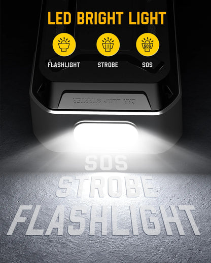 ACMOUNT 5000A jump starter connected to large truck battery | ACMOUNT portable battery charger with digital screen and USB ports | jump starter power bank charging smartphone via USB-C cable | emergency LED flashlight feature on ACMOUNT jump starter at night | spark-proof clamps connected to 12V car battery | ACMOUNT jump starter stored in glove box or car trunk | ACMOUNT power bank charging multiple devices during camping trip | safe and easy-to-use 12V jump starter for beginners | weather-resistant ACMOUN