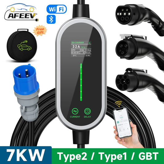 AFEEV 7KW 32A 1Phase Portable EV Charger Type 2 Wallbox - 