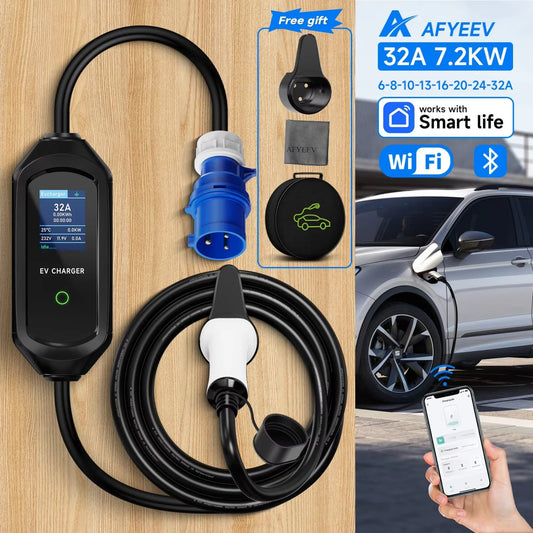 AFYEEV 32A 7.2KW Portable EV Charger Type2 Type1 Bluetooth - 