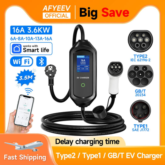 AFYEEV 3600W Portable Type2 EV Charger Type1 SAE J1772 - 