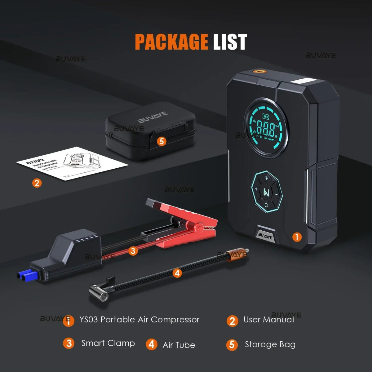 BUVAYE 6 In 1 Car Jump Starter Air Pump Portable Compressor - 