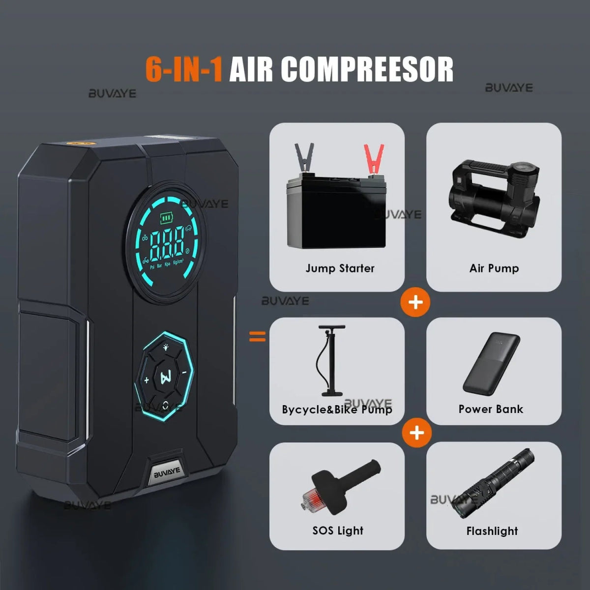BUVAYE 6 In 1 Car Jump Starter Air Pump Portable Compressor - 