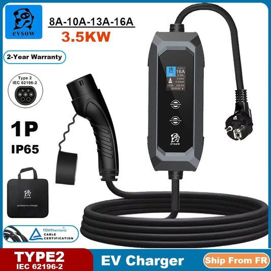 Evsow Portable EV Charger Type2 3.5KW 16A 1P Adjustable Charging - 