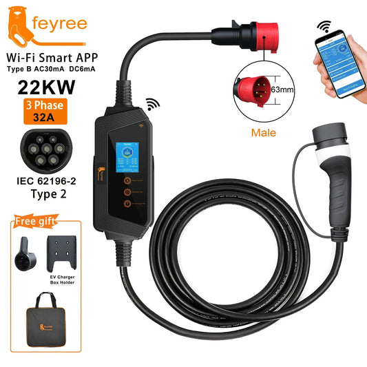 Feyree 22KW 32A 3Phase Type2 Portable EV Charger Wi - Fi App Control - 