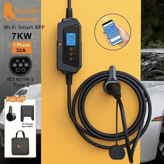 feyree Portable EV charger Type2 32A 7KW Fast Charging for Electric Vehicle APP Wi - Fi Control by Setting Current & Charging time - 