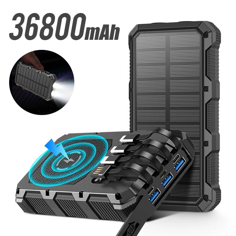 Solar Power Bank 36800mAh with Cable Qi Wireless Charger - 