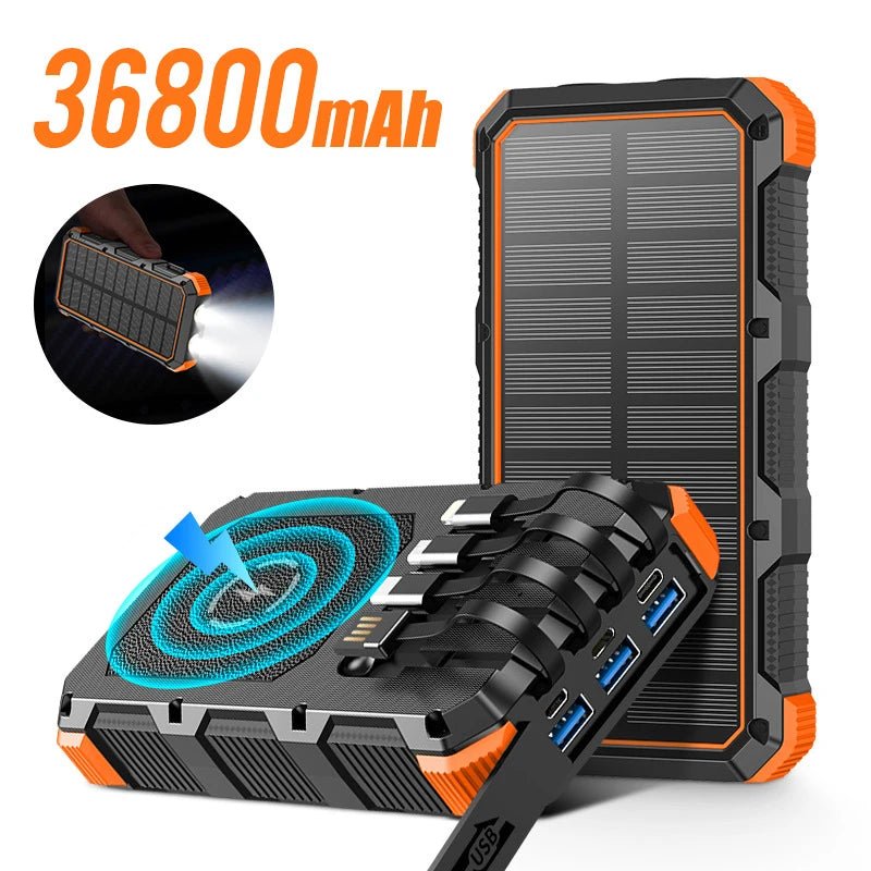Solar Power Bank 36800mAh with Cable Qi Wireless Charger - 