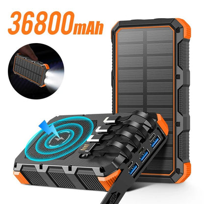 Solar Power Bank 36800mAh with Cable Qi Wireless Charger - 