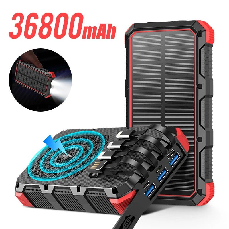 Solar Power Bank 36800mAh with Cable Qi Wireless Charger - 