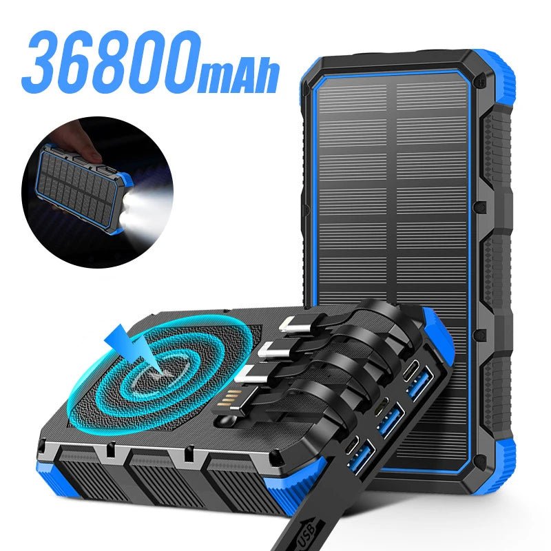 Solar Power Bank 36800mAh with Cable Qi Wireless Charger - 